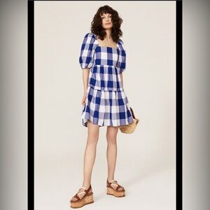 Peter Som Plaid Check Puff Sleeve Mini Summer Dress Back Tie Cotton